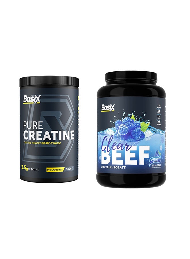 Basix Exclusive Bunde Offer - Beef Protein Isolate Blue Razz Rush Flavour 2.2lb and Pure Creatine Unflavored 500 Gm - Image 1